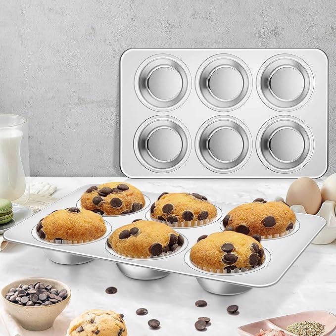 Homikit 1 Pack Muffin Pan, Stainless Steel Cupcake Tin with 6 Cups Regular Size, Thick Metal Egg Bites Bakeware for Oven Baking, Rust Free & Non Toxic, Also Be Snack Tray for Kids, Dishwasher Safe