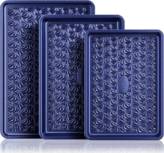 HONGBAKE Nonstick Baking Sheet Pan Set of 3, Cookie Sheets for Oven, Non-Toxic Half/Quarter/Jelly Roll Pans with Floral Swirl Texture, Heavy Duty 0.8mm Thick Oven Trays for Cooking, Blue