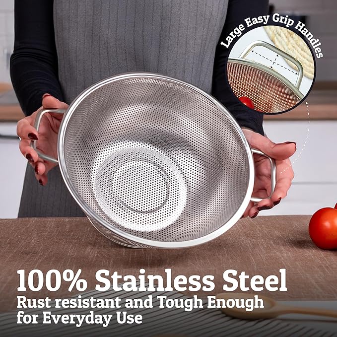 PriorityChef Premium Stainless Steel Colander for Kitchen, Durable Rice and Pasta Strainer with Handle, Rust-Resistant & Dishwasher Safe, 3/4/5 Qt (Pack of 2)