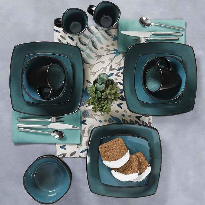 Gibson Elite Soho Lounge 16-Piece Reactive Glaze Dinnerware Set – Teal and Black Tutone Stoneware Plates and Bowls