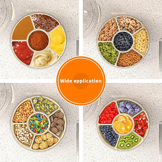 Divided Serving Tray with Lid and Handle, Stackable Snackle Box Container for Fruits Candy Organizer, Portable Spinning Rounded Veggie Tray for Kitchen, Party, Trave and Picnic-1 PACK