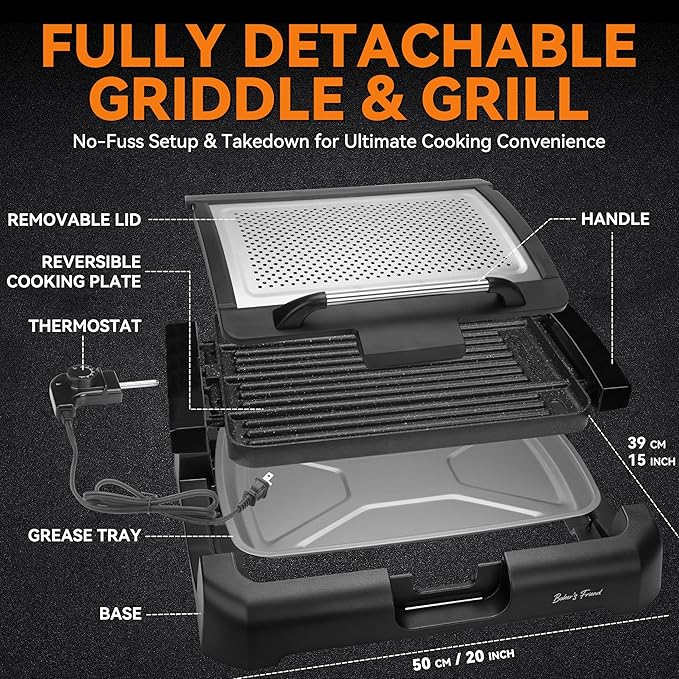 Baker’s Friend Indoor Searing Grill & Griddle, Electric Griddle with 2 in 1 Indoor Grill and Griddle Plate Indoor Grill with Removable Plate & Lid, Silicone Mold, Dishwasher Safe, Graphite