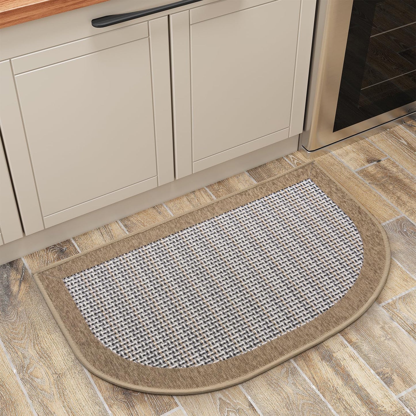 PADOOR Kitchen Mats for Floor, Kitchen Rugs Non Slip Washable, Half Circle Kitchen Floor Mat Sink Rug Rubber Backed Super Absorbent, 20”x32” Brown