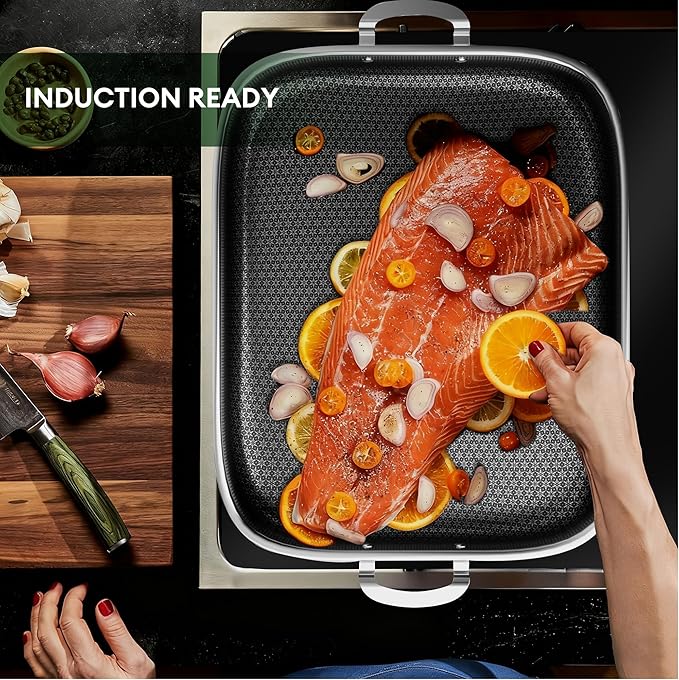COOKER KING Stainless Steel Nonstick Roasting Pan with Rack, 18.27x14.84 Inch Roaster Pan for 25 lb Turkey & Chicken, Oven Safe Up to 900°F, Compatible with All Cooktops (Rectangular, Large)