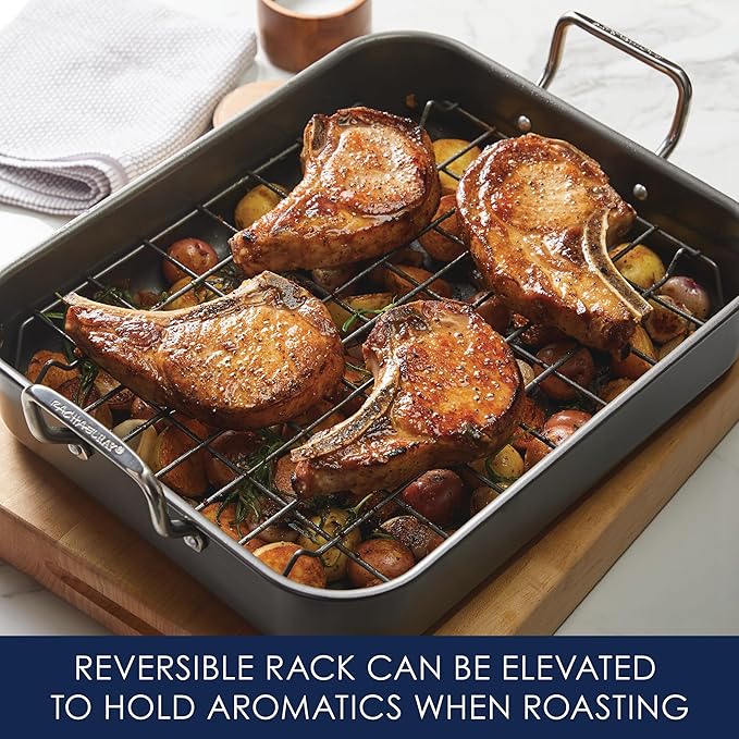 Rachael Ray Bakeware Nonstick Roaster/Roasting Pan with Reversible Rack, 16.5 Inch x 13.5 Inch, Gray
