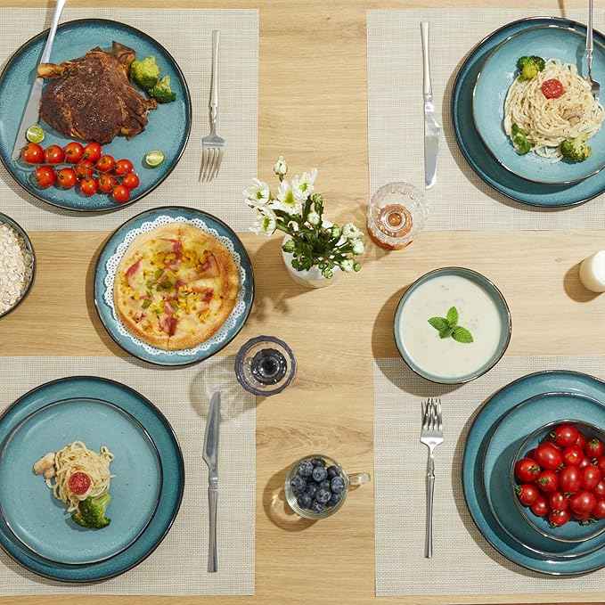Stoneware Dinnerware Sets, Kitchen Plates and Bowls Set, Ceramic Dish Set for 4, Modern Chip & Scratch Resistant Dishware Sets, Durable Reactive Glaze Dinner Set, Green Black