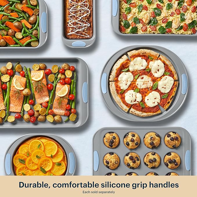 Pyrex (3-Piece) Metal Cookie Sheet Bakeware Set, Lightweight Stainless Steel Baking Trays with Heatsafe Silicone Handles, Cookie Sheet Baking Pan, Cerulean