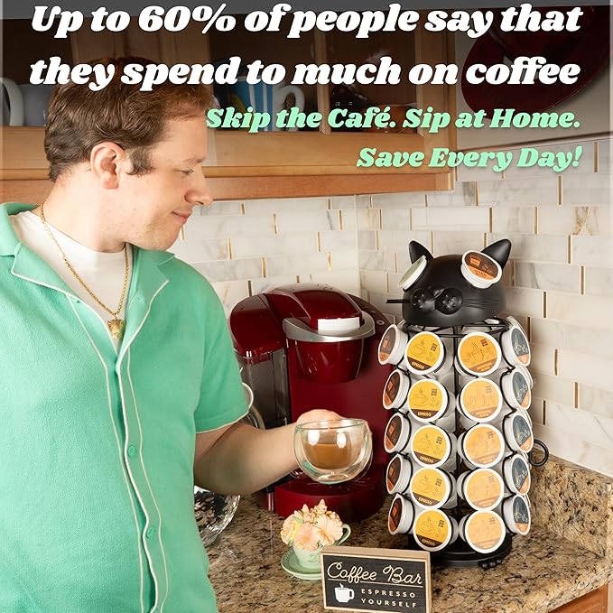 Made Easy Kit Carousel 360 Coffee Pod Holder, Compatible with Keurig K-Pods K-Cups, Countertop Rack Storage Organizer, Metal Home and Kitchen Decor, Capsule Café Station Bar (Small, Black Cat)