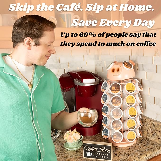 Made Easy Kit Carousel Coffee Pod Holder - Compatible with Keurig K-Pods K-Cups - Countertop 360 Spin Rack Storage Organizer - Revolving Base - Capsule Café Station Bar (Pig Pink, Large)