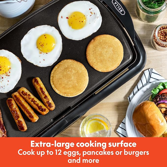 bella Electric Non-Stick Griddle, Make 10 Eggs At Once, Healthy-Eco Non-stick Coating, Hassle-Free Clean Up, Large Submersible Cooking Surface, 10.5" x 20", Black