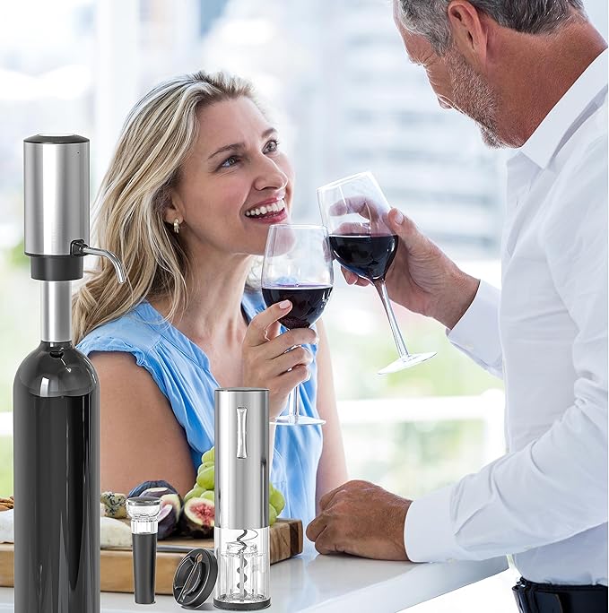 Rechargeable Electric Aeartor and Wine Opener Set with 3-in-1 Stainless Steel Bottle Cooler - Automatic Aerator, Automatic Corkscrew, Wine Chille, Vacuum Sealer, Foil Cutter, Valentine gift