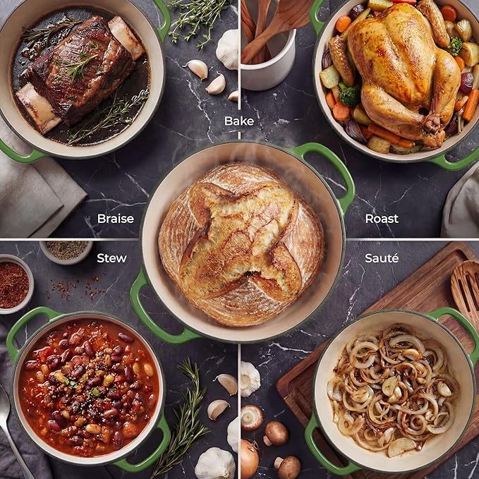 Zulay Kitchen 6 Quart Enameled Cast Iron Dutch Oven Pot with Lid – Premium Durability & Oven Safe up to 500°F – Heavy Duty Cookware Perfect for Bread Baking, Stews, Braising & Roasting - Green
