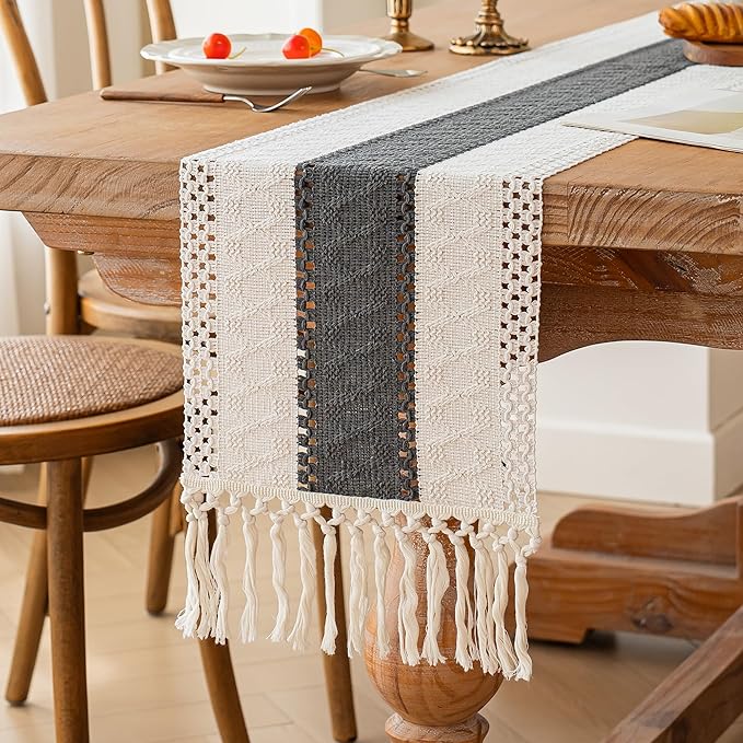 FEXIA Boho Table Runner for Home Decor with Tassels 90 Inches Long,Grey Farmhouse Rustic Table Runner Macrame Burlap Table Decoration for Living Room Bridal Shower(12x90 Inches)