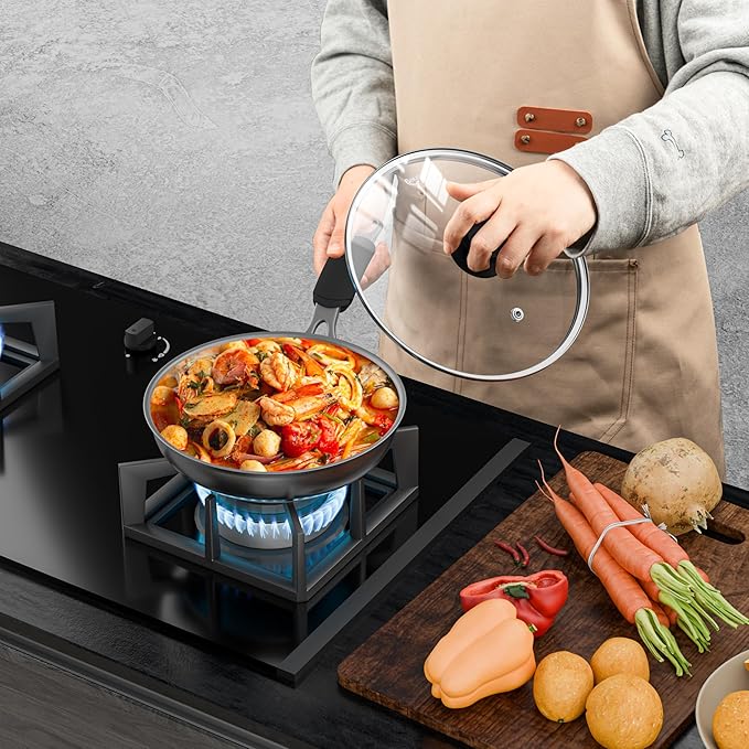 Tempered Glass Lids for Pots and Pans, Cast Iron Skillet Lid 10.5 Inch, Round Frying Pan Lid, Replacement Pan Cover, Crock Pot Lid with Stainless Steel Rim, Dishwasher Safe, Cookware Pot Covers