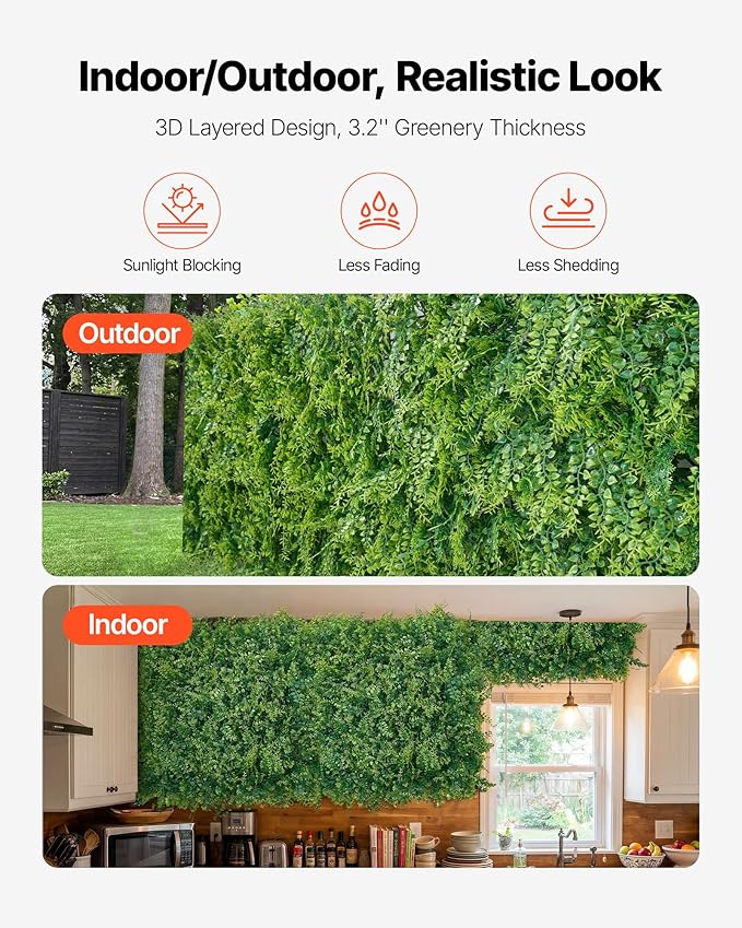 VEVOR Artificial Plant Wall, 12PCS 20 x 20 in Artificial Boxwood Panels, Sun Protection Greenery Backdrop Privacy Hedge Fence, Fake Grass Screen for Wedding, Indoor, Outdoor Garden, Backyard,Ferns