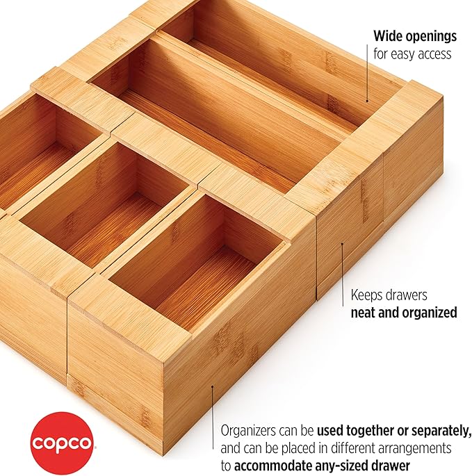 Copco Set of Resealable Storage Bag Organizers for Gallon, Quart, Sandwich and Snack Size featuring Wide Opening for Easy Bag Dispensing, Set Can be Broken Apart for Space Saving, Bamboo In Drawer
