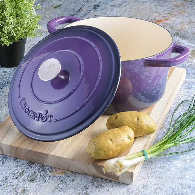 Crock-Pot Artisan 7-Quart Round Enameled Cast Iron Dutch Oven – Lavender Purple, Durable Heavy-Duty Cookware for Slow Cooking, Baking, Roasting with Lid