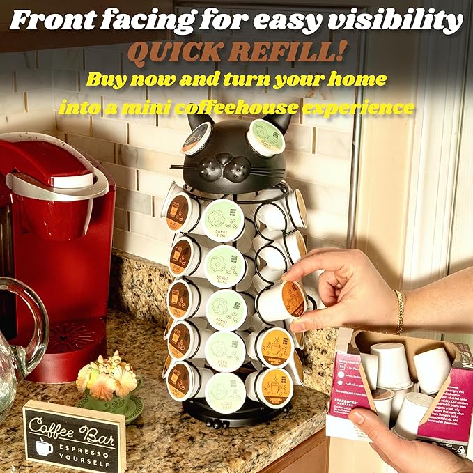 Made Easy Kit Carousel 360 Coffee Pod Holder, Compatible with Keurig K-Pods K-Cups, Countertop Rack Storage Organizer, Metal Home and Kitchen Decor, Capsule Café Station Bar (Small, Black Cat)