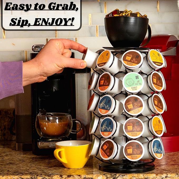 Made Easy Kit Carousel Coffee Pod Holder - Compatible with Keurig K-Pods K-Cups - Countertop 360 Spin Rack Storage Organizer - Revolving Base - Capsule Café Station Bar (Mug Black, Large)
