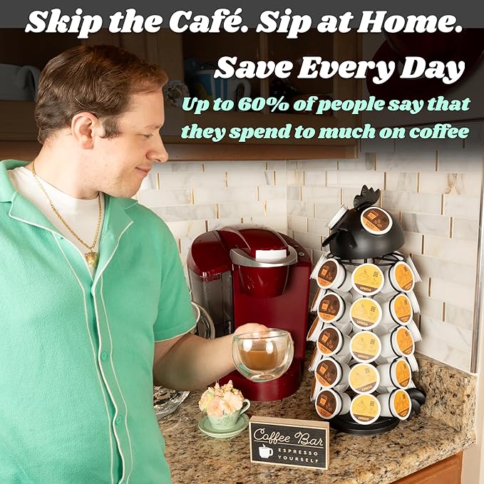 Made Easy Kit Carousel Coffee Pod Holder - Compatible with Keurig K-Pods K-Cups - Countertop 360 Spin Rack Storage Organizer - Revolving Base - Capsule Café Station Bar (Rooster Black, Small)