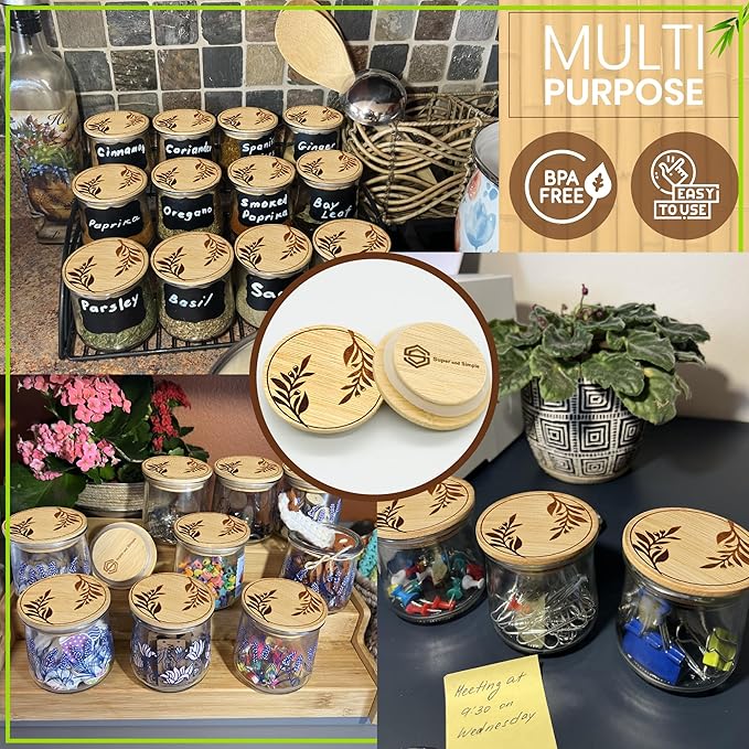 Oui Yogurt Jar Lids Bamboo Olive Branches – 24 Pack Airtight Reusable Oui Jar Covers with Silicone Seal – Oui Yogurt Jar Lids Wood for Yogurt Jars – Includes Chalkboard Labels & Storage Bag