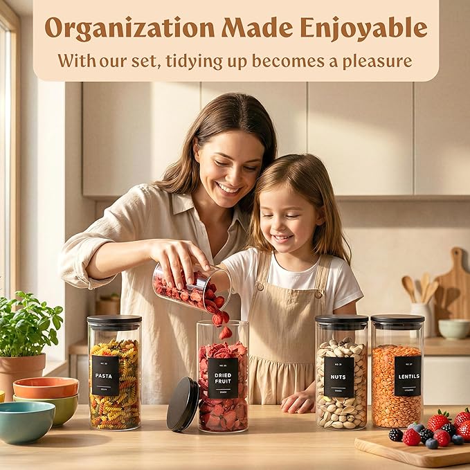 EDELHAUS Glass Storage Containers with Black Lids [4x40oz] Extra Thick Glas with 54 Labels - Canister For Pantry Noodles Flour Cereal Rice Sugar Tea Coffee Beans - Round Set