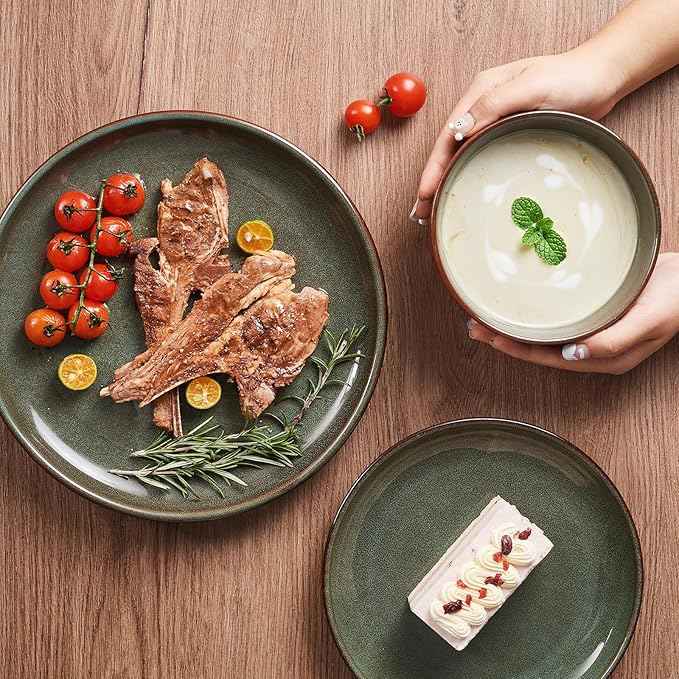 Stoneware Dinnerware Sets for 6, 18 Pieces Ceramic Plates and Bowls Sets, Chip and Scratch Resistant Dish Set, Dishwasher & Microwave Safe Plate Set, Brown Green