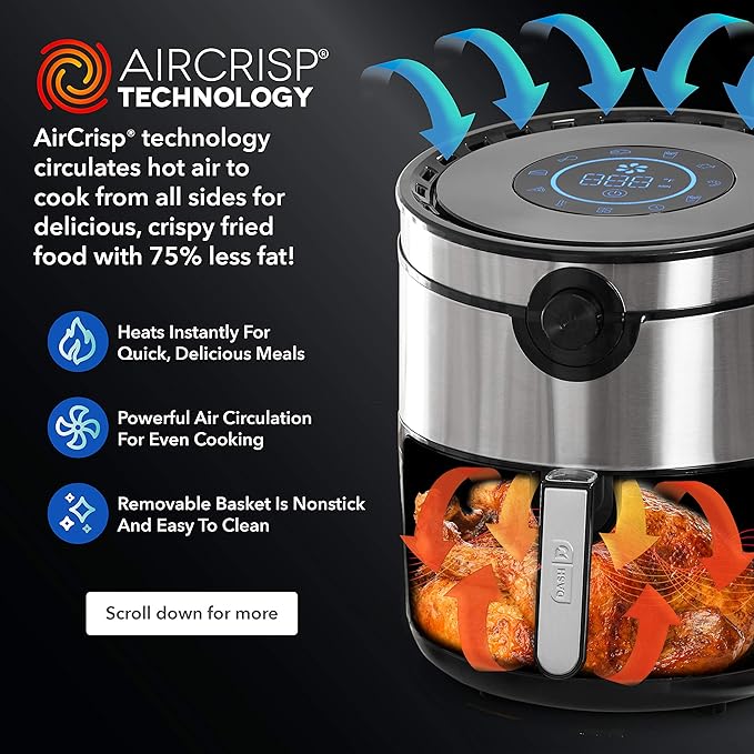 Dash AirCrisp® Pro Digital Air Fryer - Adjustable Temperature Control - Auto Shut-Off Feature & Multiple Presets - Removable Crisper Basket - 6 Quarts - Silver