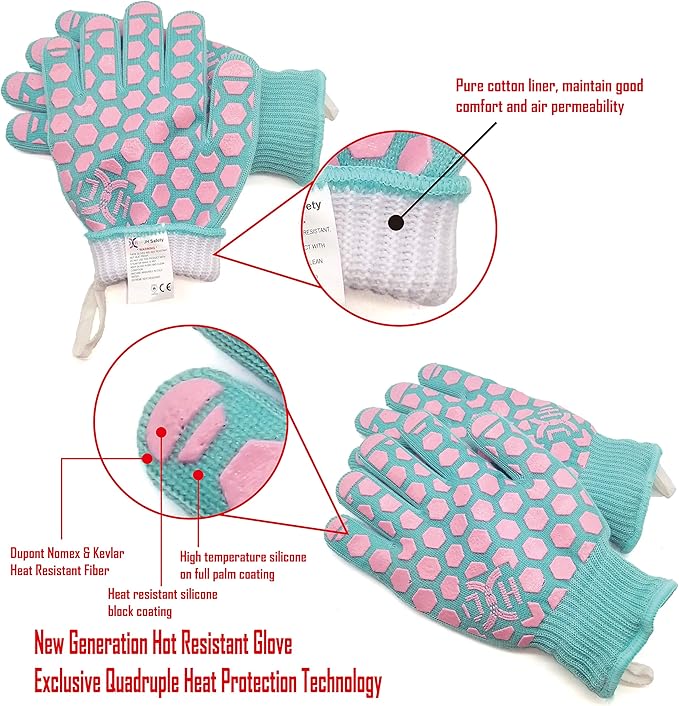J H Heat Resistant Oven Glove: EN407 Certified 932 °F BBQ & Oven Mitts for Grlling, Baking, Kitchen, Camping,Fireplace Indoor&Outdoor 1 Pair