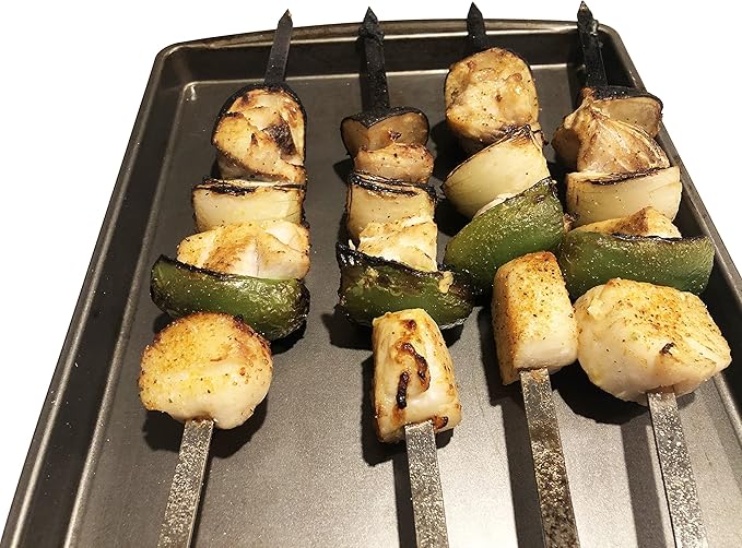 Antallcky 12 Pack Kebab Skewers 23.5 Inch BBQ Barbecue Skewers Stainless Steel Sticks Heavy Duty Large Wide Reusable with Nonslip Wooden Handle Ideal for Shish Kabob Chicken Shrimp and Vegetables