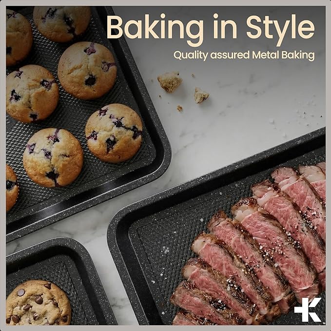 BAKKEN Kitchen Baking Pans - Small, Medium, and Large Cookie Pan (13.58×9.65, 15.75×11, 17.91×12.60), Nonstick, Diamond Texture Bottom, PFOA, PFOS, PTFE Free, Oven Safe (450°F), Pack of 3, Gray Marble