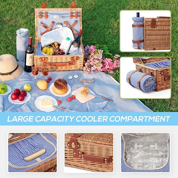 Wicker Picnic Basket Set for 4 Person with Cooler Compartment and Waterproof Picnic Blanket,Removable Strap,Wine Bag,Cutlery Set,for Camping,Day Travel,Beach,Hiking,BBQ and Family/Couples Gifts