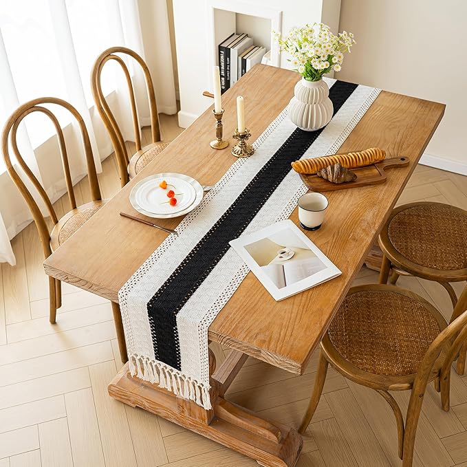 FEXIA Boho Table Runner for Christmas Home Decor with Tassels 72 Inches Long Farmhouse Rustic Black Halloween Table Runner Macrame Burlap Table Decoration for Living Room Bridal Shower(12x72 Inches)