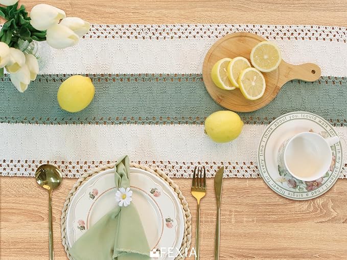 FEXIA Sage Green Table Runner 90 Inches Long with Tassels Boho Macrame Farmhouse Table Runners for Home Decor Party Bohemian Rustic Bridal Shower Dining Decor (12x90 Inches)