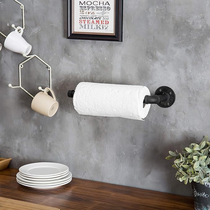 MyGift Paper Towel Holder Under Cabinet Paper Towel Holder Wall Mount, Industrial Pipe Matte Black Hanging Kitchen Towel Rack