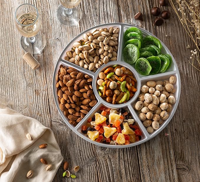 Plasticpro 6 Sectional Round Plastic Serving Tray/Platters White & Silver Pack of 2