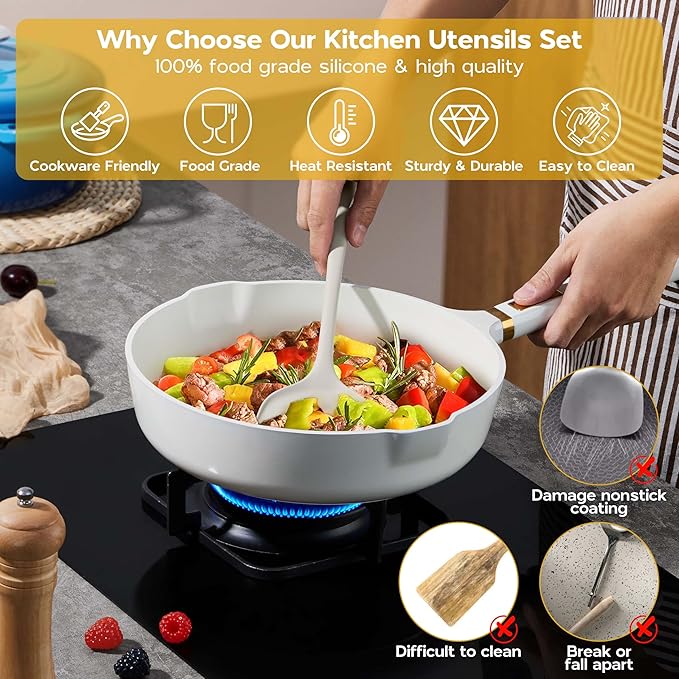 Onader Kitchen Cooking Utensils Set of 10, Silicone Utensils Set for Cooking, Includes Non Toxic Turner Spoon Spatula Whisk Pasta Server - White