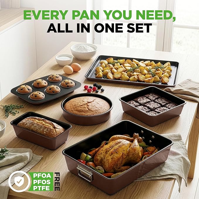 NutriChef 8-Piece Nonstick Stackable Bakeware Set - PFOA, PFOS, PTFE Free Baking Tray Set w/Non-Stick Coating, 450°F Oven Safe, Round Cake, Loaf, Muffin, Wide/Square Pans, Cookie Sheet (Brown)