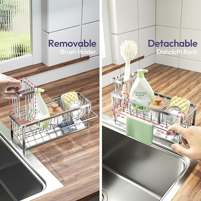 SWTYMIKI Sponge Holder for Kitchen Sink - Sink Caddy with Brush Holder and Stainless Steel Self Drain Tray, Sponge Caddy Organizer with Divider Kitchen Accessories Storage for Countertop, Silver