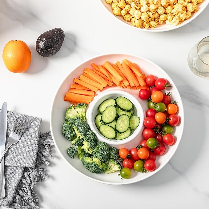 LEHAHA Ceramic Chip and Dip Serving Set, 12 Inch Large porcelain Divided Bowls Set for Salsa, Veggies, Dip, Appetizers, Snacks, Candy, Fruits-Relish Trays for Parties and Entertaining, White