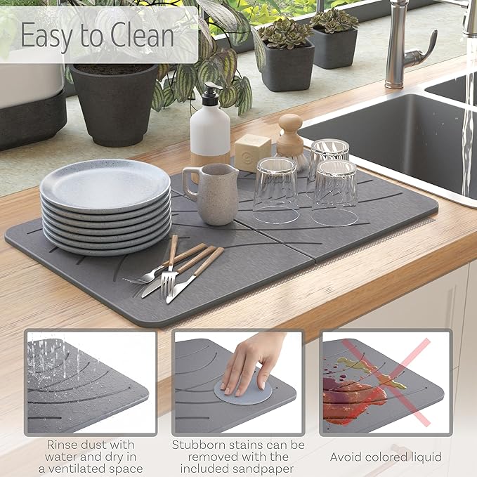 Large Stone Drying Mat with Bamboo Rack | 23.6” x 15.4” Diatomaceous Earth Collapsible Stone Dish Drying Mat | Quick Water Absorbing Foldable Dish Drying Stone for Kitchen Counter Racks (Dark Gray)
