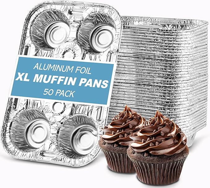 PLASTICPRO Aluminum Foil Muffin Pans Reusable and Disposable, Muffin & Pie foil Pan (50, 6 cavity XL)