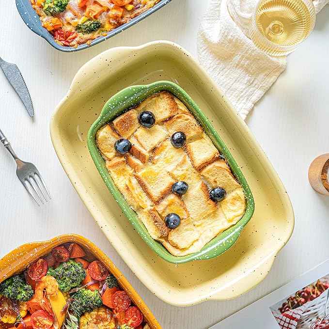 Casserole Dish Set of 3,Lasagna Pan,Ceramic Bakeware for Oven,Rectangular Baking Dishes with Handles,High Heat Resistant,Colorful Speckle Stoneware Series (13.8''/12''/9.6''Yellow)