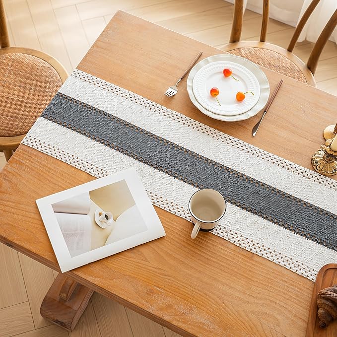 FEXIA Boho Table Runner for Home Decor with Tassels 36 Inches Long,Grey Farmhouse Rustic Table Runner Macrame Burlap Table Decoration for Living Room Bridal Shower(12x36 Inches)