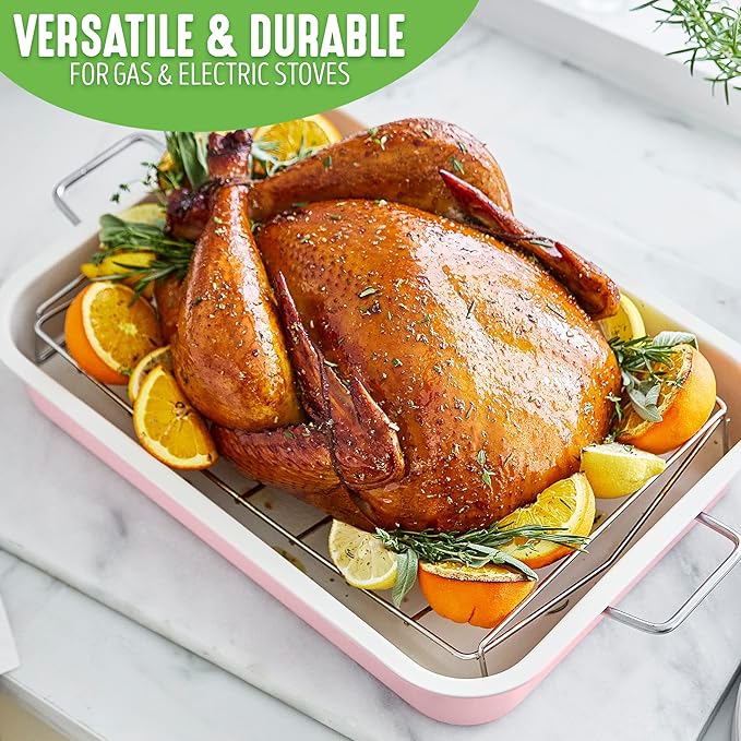 GreenLife 16.5” x 12” Healthy Ceramic Nonstick Roasting Pan with Stainless Steel Roaster Rack, PFAS-Free, PFOA-Free, Dishwasher Safe, Oven Safe, Easy Pouring Rims, Soft Pink