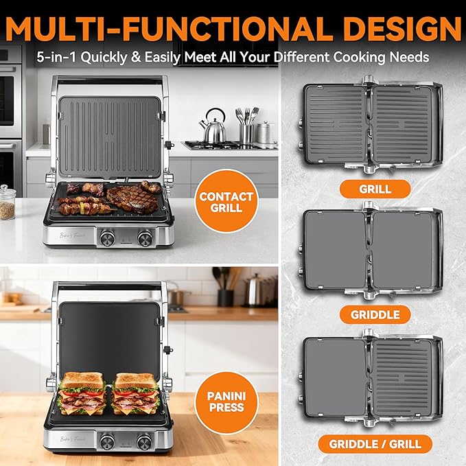 Baker's Friend 4-slice Panini Press Grill Cheese Sandwich Maker, Electric Grill Indoor with Temperature Setting, Opens 180 Degrees, Dual Non-stick Surfaces, 4-circle Silicone Mold, Reversible Plates
