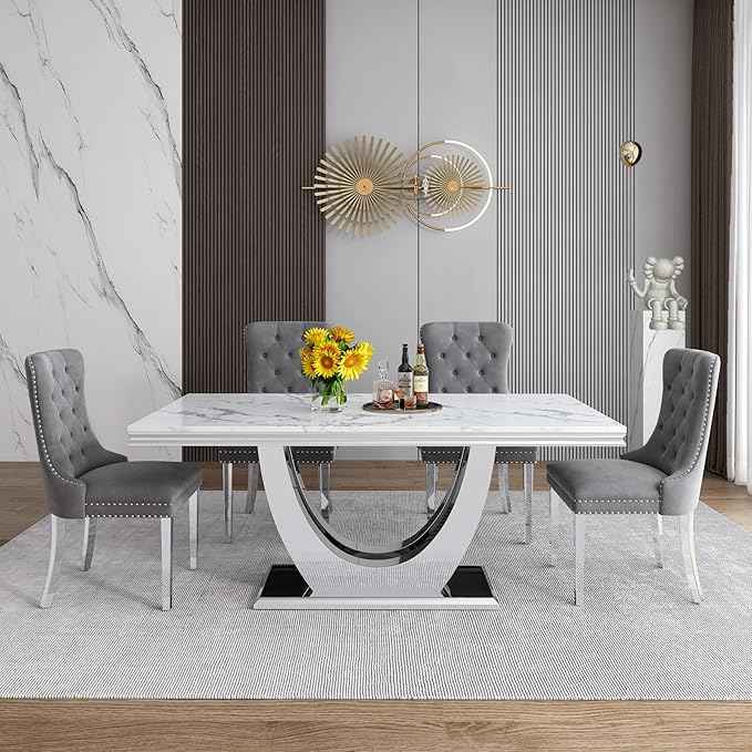 Marble Dining Table Set for 6,70" White Faux Marble Kitchen Tables and Velvet Chairs for 6,7 Piece Luxury Dining Room Table Set and 6 Upholstered Chairs with Silver Stainless Steel Bases