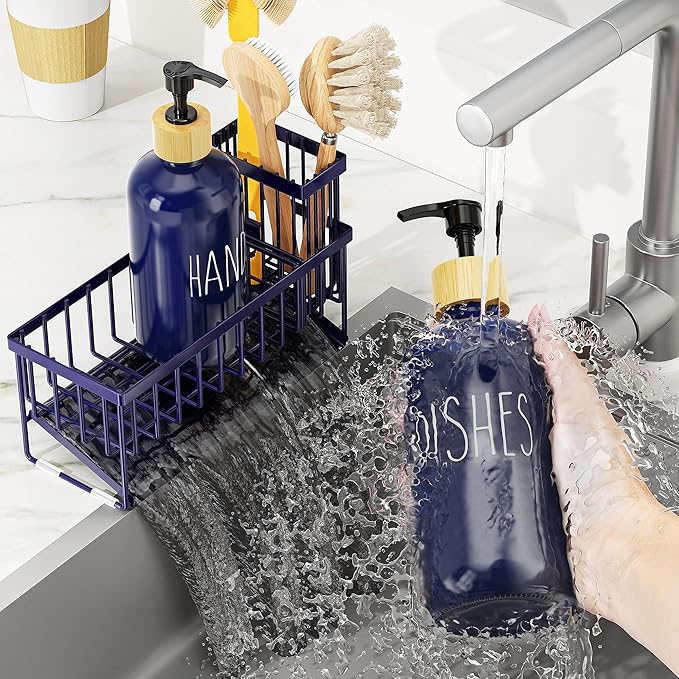Cisily Navy Blue Kitchen Dish Soap Dispenser, 16 fl Oz Dual Kitchen Soap Dispensers with Sponge Holder, Customized Stainless Steel Kitchen Soap Dispenser Set, Modern Hand and Dish Soap Bottle Set