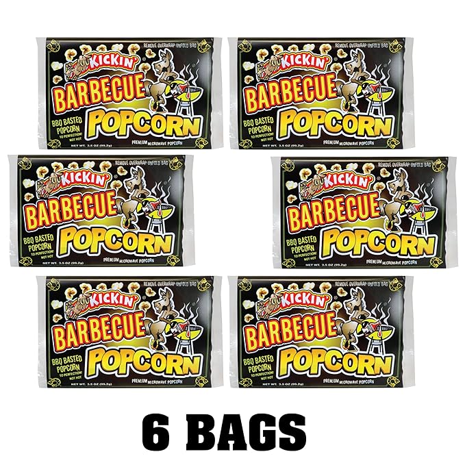 KICKIN' BBQ Microwave Popcorn Bags - 6 Pack - Ultimate Barbecue Gourmet Popcorn Gift - Makes a Great Movie Theater Popcorn or Snack Food for Movie Night