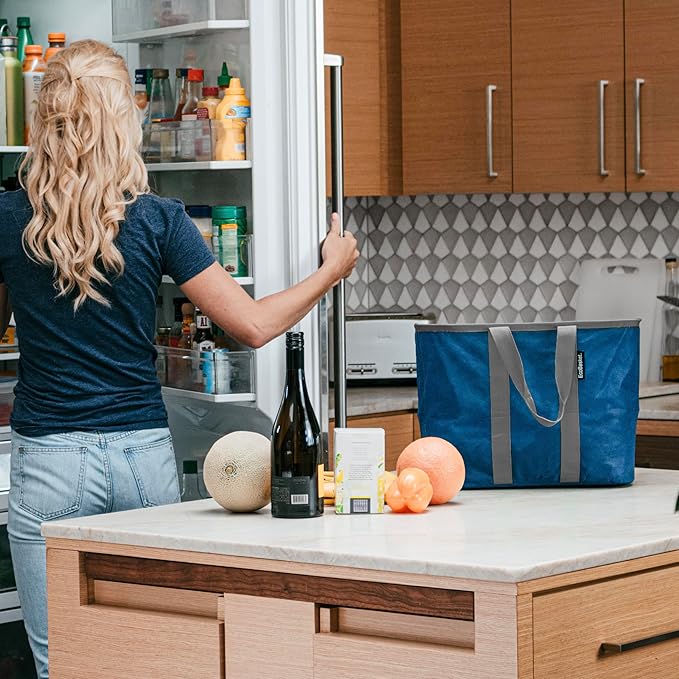 CleverMade EcoBasket Reusable Grocery Tote - 30L - Pack of 3 - Blue Grey - Collapsible Storage Shopping Organizer - Heavy Duty Utility Bag Home